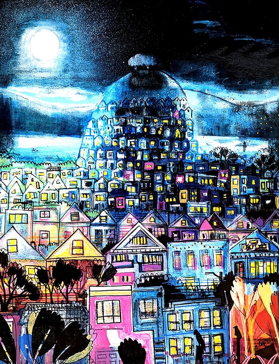 Moonlit city painting